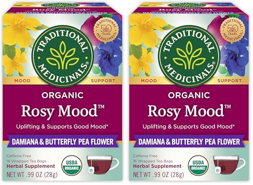 Traditional Medicinals Organic Rosy Mood Tea with Damiana & Butterfly Pea Flower - 16 Tea Bags (Pack of 2)