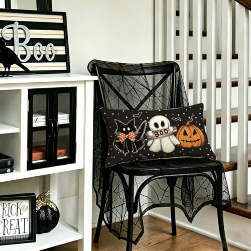 RABUSOFA Waterproof Halloween Ghost Lumbar Pillow Cover 12x20 Inch Black
