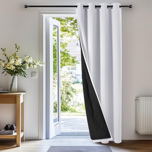 Deconovo Cold Resistant Blackout Door Curtain, Double Layer Insulated Energy Saving Geometric Embroidery Winter Drapes, White, 52W x 80L, 1 Panel