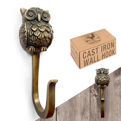 Antique Bronze Cast Iron Owl Hook - Heavy Duty 5 Inch Wall Hook for Coats, Bags, Hats