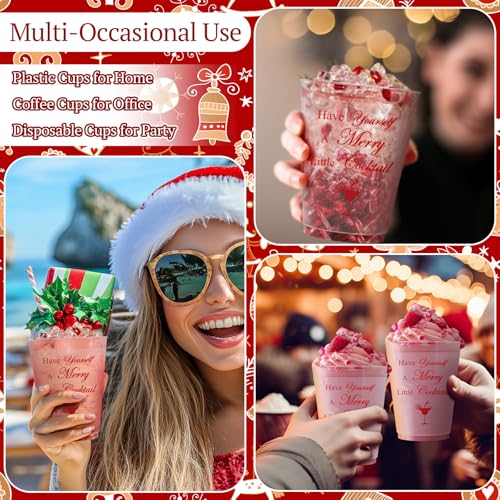 Christmas Cocktail Plastic Cup Set - Frosted Red Party Cups with Funny Frosted Cup Variation