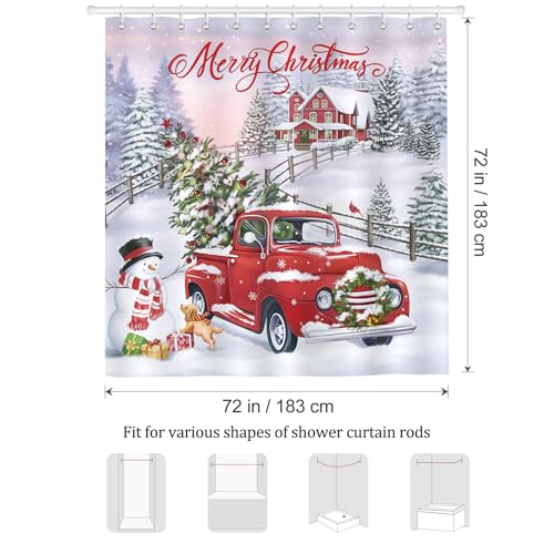 Bonhause Christmas Red Truck Shower Curtain, 72x72 Inch Holiday Bath Decor