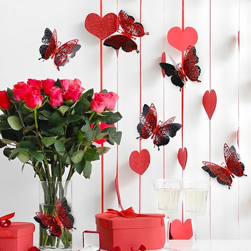 3D Red Butterfly Wall Stickers - 6pcs Removable Rose Butterfly Decals
