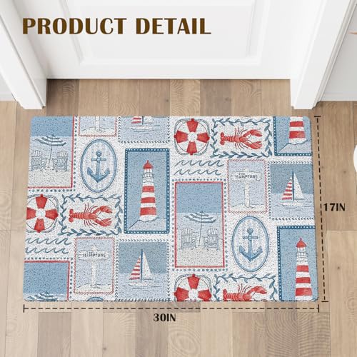 KBRCT Coastal Outdoor Door Mat - Ocean, Lobster, Lighthouse, Sailboat Design, 17x30 Inches