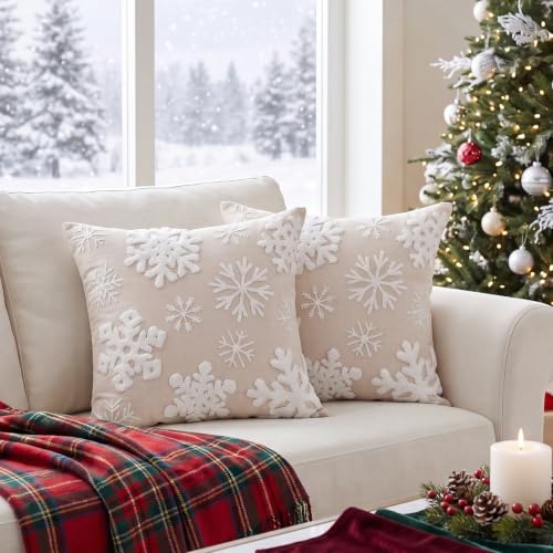Christmas Snowflake Pillow Covers 18x18 Inches Set of 2 - White Cotton Canvas Holiday Decor