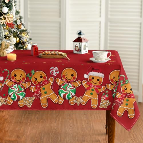 Christmas Tablecloth 60x140 Inch Rectangular Gingerbread & Stars Red Washable for Party & Dining