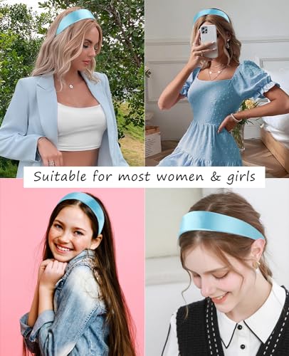 Wecoe Sky Blue Wide Silk Satin Headband for Women Non-Slip Hair Band