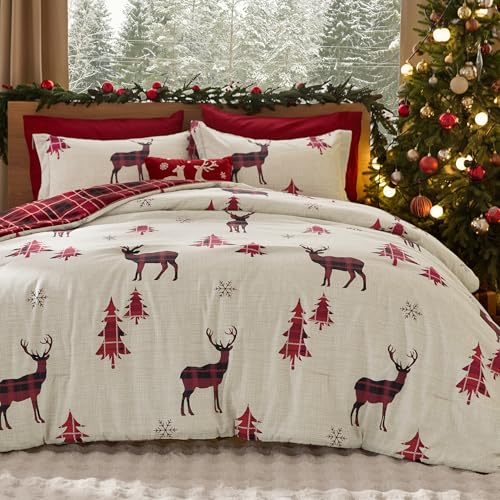 Bedsure Christmas Comforter Set Queen - Red Reindeer 3-Piece, Reversible