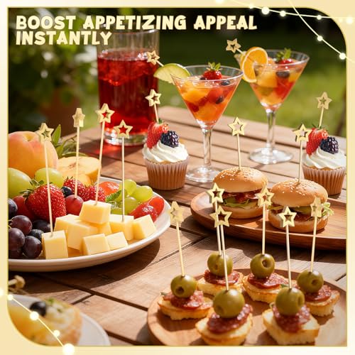 Vicuna R Gold Star Cocktail Picks - 100PCS Bamboo Appetizer Skewers