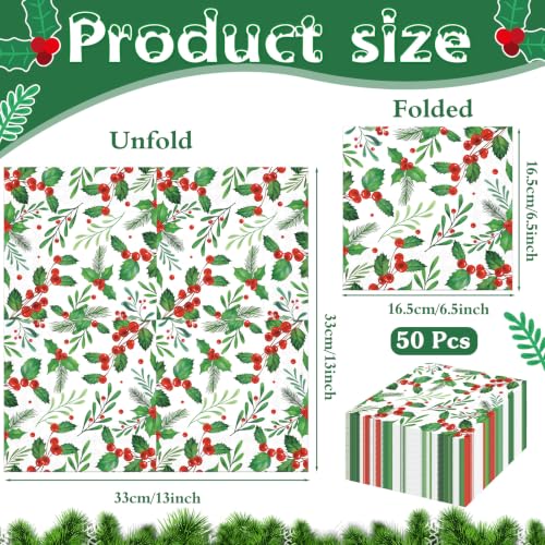 Christmas Holly Berry Paper Napkins - Red Green 50Pcs 6.5 x 6.5 Inch Holiday Tableware
