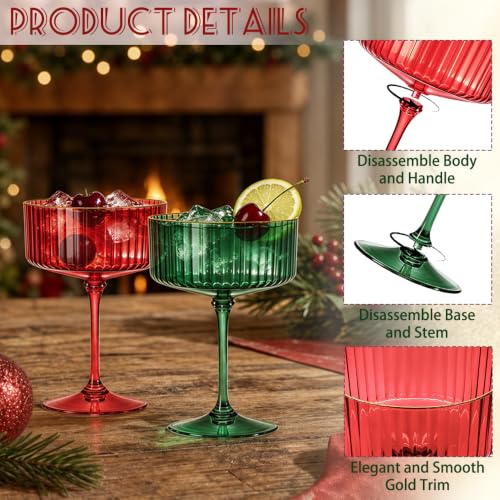 6Pcs Plastic Martini Glasses Red Green Mix 10oz Disposable Coupe Glasses