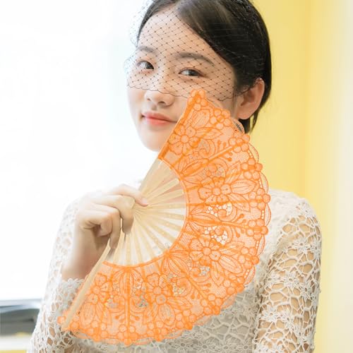 Choyaxo Cotton Lace Folding Hand Fan, Embroidered Floral Design (Orange)