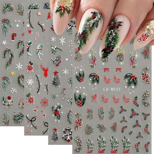 Qdsuh 5D Embossed Christmas Nail Art Stickers - 4 Sheets Winter Decals