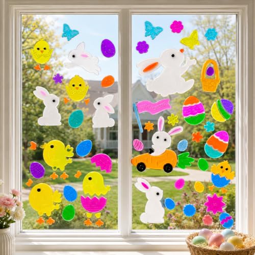 Easter Gel Window Clings Set - 6 PCS Bunny, Eggs & Flowers Decor