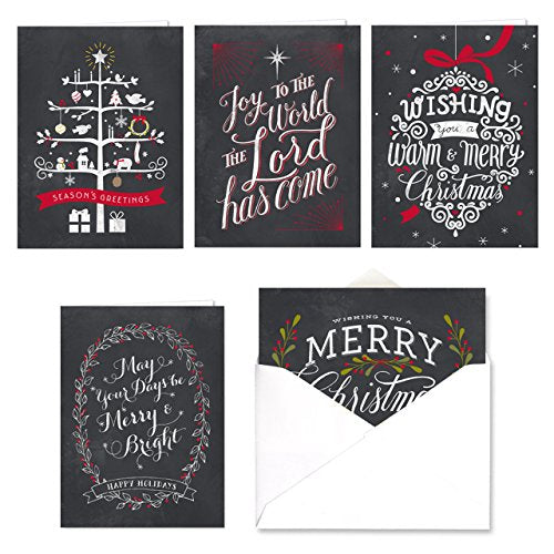 Celebrate the Season Chalkboard Christmas Greeting Cards Set - 25 Assorted Holiday Designs with Envelopes