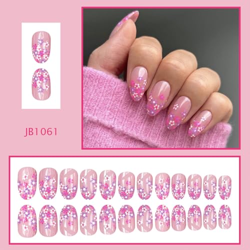 Short Almond French Tip Press on Nails with Floral Design, 24Pcs Reusable Acrylic False Nails