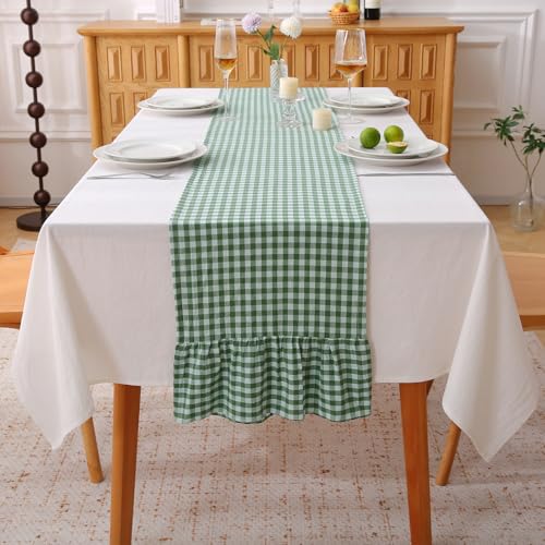 Green White Plaid Gingham Ruffle Table Runner - 13x72 Inch, Cotton