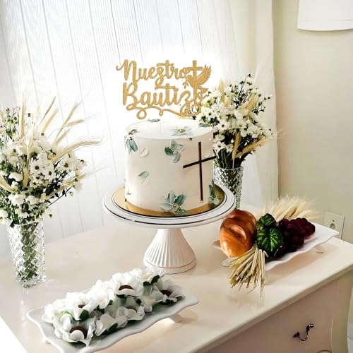 Nuestro Bautizo Cake Topper - Gold Glitter Cross & Dove