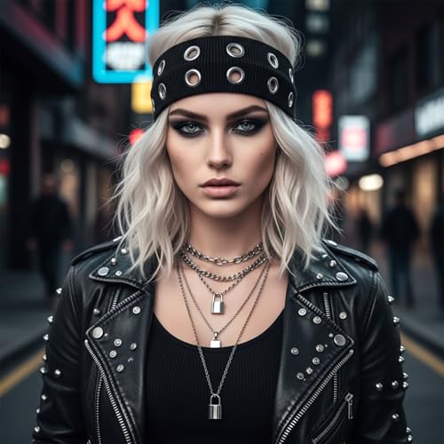 Tucnoeu 2 Pcs Hollow Out Elastic Headbands Y2K Punk Wide Hairbands Black