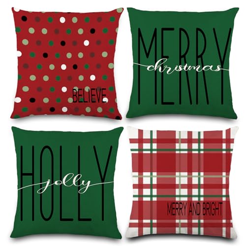 Red Green Christmas Pillow Covers 18x18 Inches - Festive Holiday Cushion Cases Set of 4