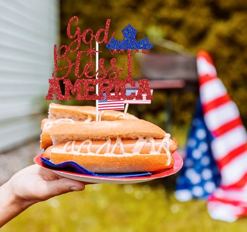 Red Glitter God Bless America Cake Topper for 4th of July