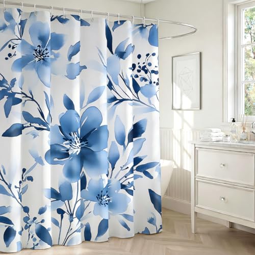 Blue Floral Shower Curtain, 72x72 Inch Watercolor Navy Botanical Bath Set