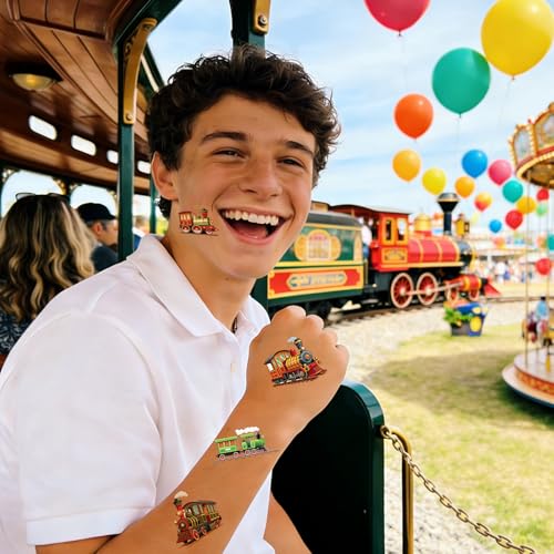 Vintage Train Temporary Tattoos - 8 Sheets Steam Train Party Favors