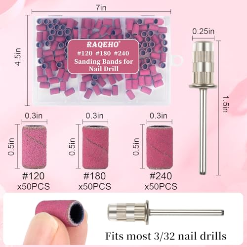 RAQEHO 150 Pcs Nail Drill Sanding Bands with Bit 120/180/240 Grit
