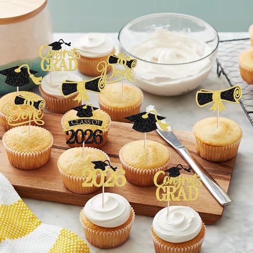 24 Pack Graduation Cupcake Toppers - Gold Glitter Class of 2026