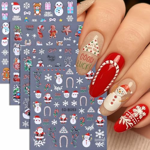 SWEET TREND 3D Christmas Nail Art Stickers - 4 Sheets Embossed Holiday Decals