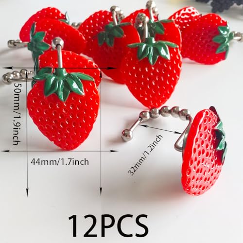 Rustproof Strawberry Shower Curtain Hooks Set of 12 - Cute Kids Bathroom Decor