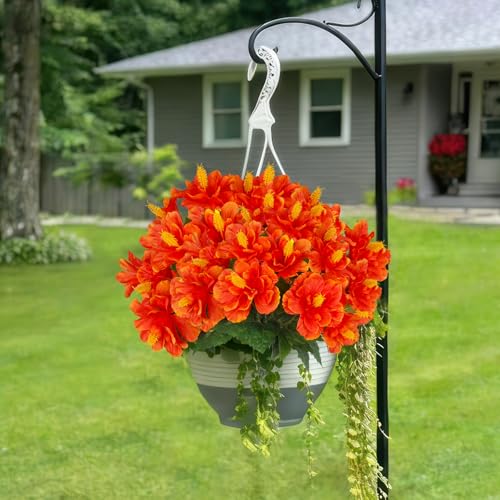 FRUNVS 2 Pcs Orange-Red Artificial Hibiscus Flowers for Outdoor Garden & Patio Decor