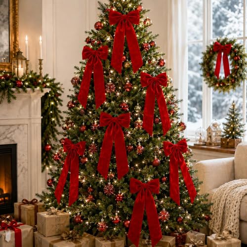Red Velvet Christmas Tree Bow Set - Large Holiday Decor, Single-Bow Variation