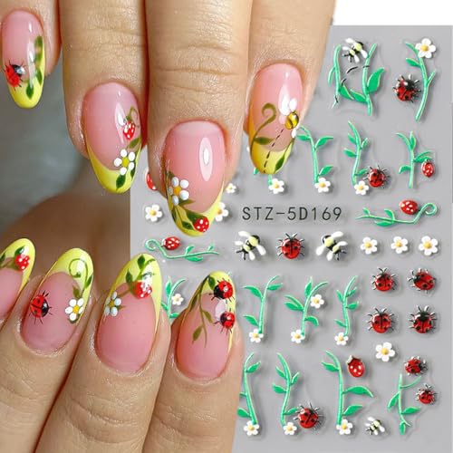 ZOAZJINAZ Ladybug & Floral Nail Stickers 3 Sheets - Embossed Spring Floral Nail Decals
