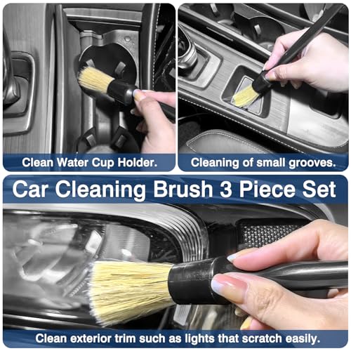 Car Detailing Brush Set - 3 Premium Boar's Hair Cleaning Brushes