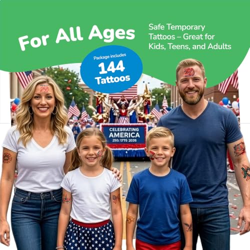 ArtCreativity 250th Anniversary Patriotic Temporary Tattoos for Kids, 144 Pack