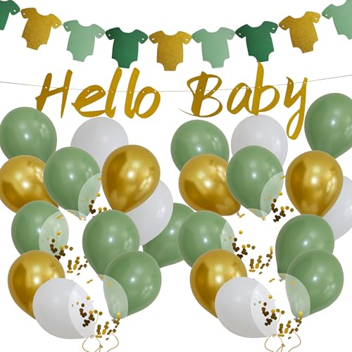 Sage Green Baby Shower Decor Set with Gold Banner & 30 Balloons