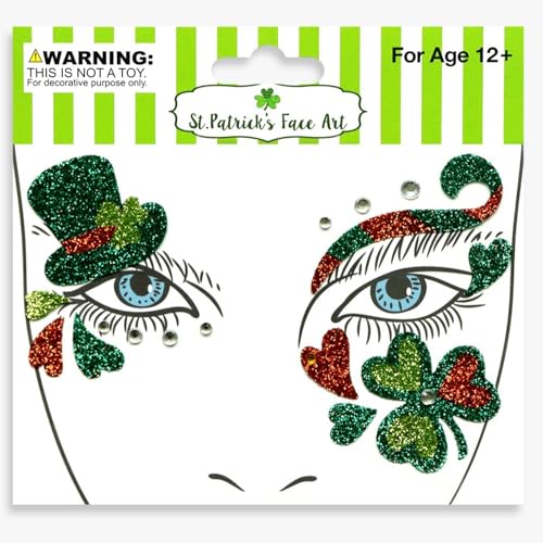 St. Patrick's Day Green Clover Face Gems and Rhinestone Stickers