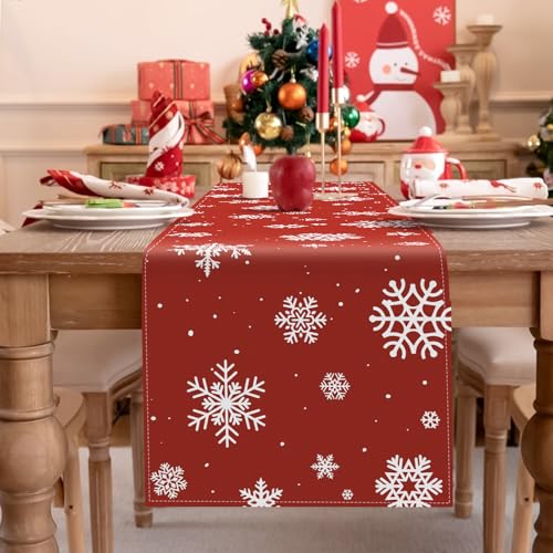 Christmas Table Runner - 13.4 x 74 Inch Rustic Red Snowflakes