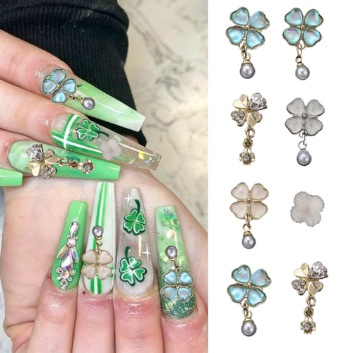 12Pcs Four Leaf Clover Nail Charms 3D Shamrock Gems with Pearls