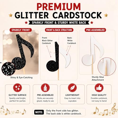 Music Note Cupcake Toppers Set - 12 Glitter Decorations for Parties