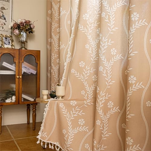 Boho Linen Curtains 52 x 63 Inches - Pack of 2 Beige Floral Farmhouse Window Drapes