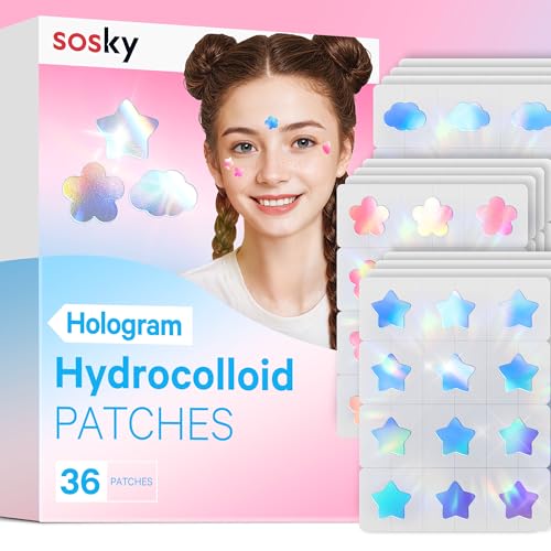 Sosky Holographic Pimple Patches 36 Count - Cute Hydrocolloid Acne Stickers with Salicylic Acid