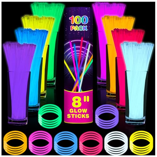100 Pack 8-Inch Glow Sticks with Connectors - Party Favors