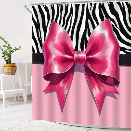 Pink Bow Zebra Print Shower Curtain 70" x 70" - Coquette Bathroom Decor