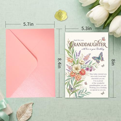 Granddaughter Birthday Card from Grandma & Grandpa - Floral Butterfly Design, 8x5.3 Inches with Envelope & Seal, Heartfelt Gift