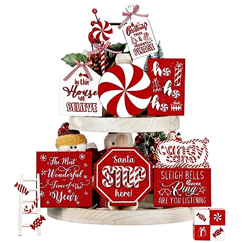 Christmas Candy Cane Tiered Tray Decor Set - 14 Pieces Holiday Table Centerpiece