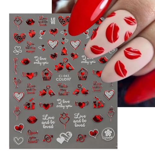 Valentine Heart Nail Stickers 3D Self Adhesive Red Heart Decals 6 Sheets