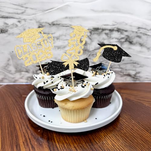 Ephlyn 36Pcs Class of 2026 Gold Glitter Graduation Cupcake Toppers