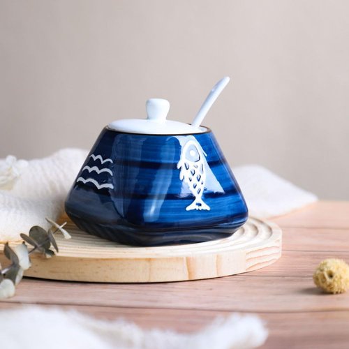 Hand-Painted Ceramic Spice Jar by [Brand Name] - Stylish Seasoning Box with Lid & Spoon | Perfect Kitchen Gift